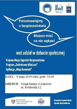 plakat - zaproszenie na debatę społeczną w dniu 9 maja 2019 roku, o godzinie 10.00 w Urzędzie Gminy Łuków