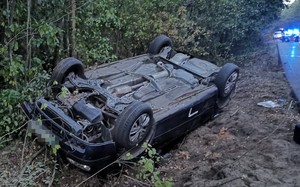 leżący na dachu, w przydrożnym rowie samochód marki Volkswagen, w tle gałęzie drzew pobliskiego lasu