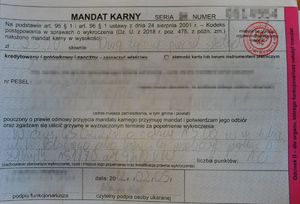 wypełniony druk mandatu karnego