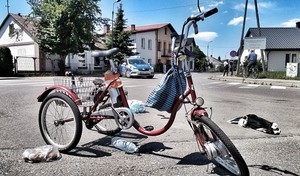 stojący na drodze uszkodzony rower, w tle radiowóz