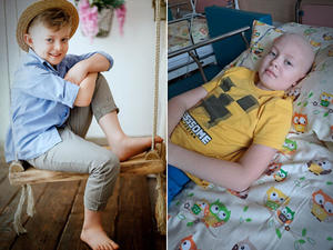 kolaż - zdjęcie chłopca w kapeluszu i chłopca leżącego w szpitalnym łóżku