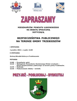 plakat - zaproszenie na debatę społeczną w Gminnym Ośrodku Kultury w Trzebieszowie w dniu 1 grudnia 2022 roku o godzinie 12.00