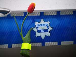 napis Policja na drzwiach radiowozu, obok tulipan i odblaskowa opaska