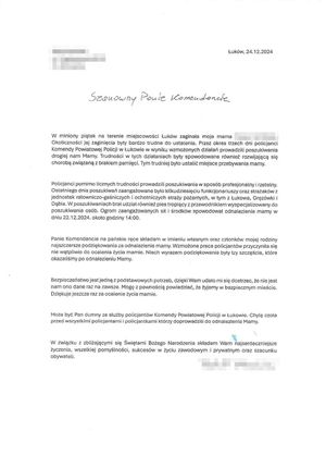 list z podziękowaniami za odnalezienie 73-letniej łukowianki