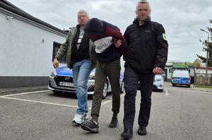 nieumundurowani policjanci prowadza podejrzanego, w tle radiowozy