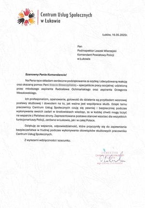 zdjęcie dokumentu - listu z podziękowaniami dla dzielnicowych