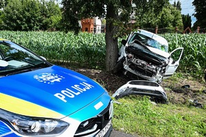 miejsce wypadku drogowego, stojący przy drzewie uszkodzony samochód Ford Transit i raidowóz