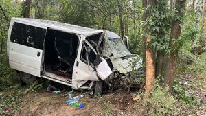 uszkodzony samochód typu bus, po uderzeniu w drzewo