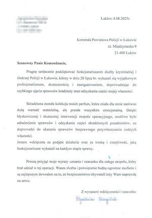 list z podziękowaniami