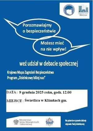 plakat z zaproszeniem na debatę społeczną w Klimkach