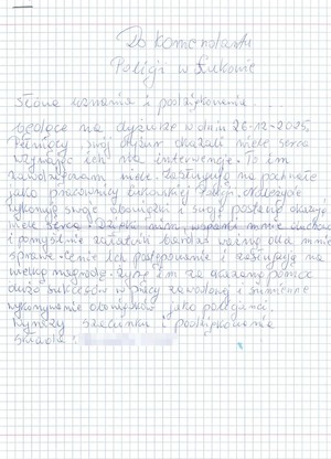 odręczny list z podziękowaniami dla łukowskich policjantów