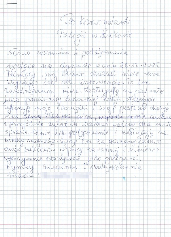 odręczny list z podziękowaniami dla łukowskich policjantów