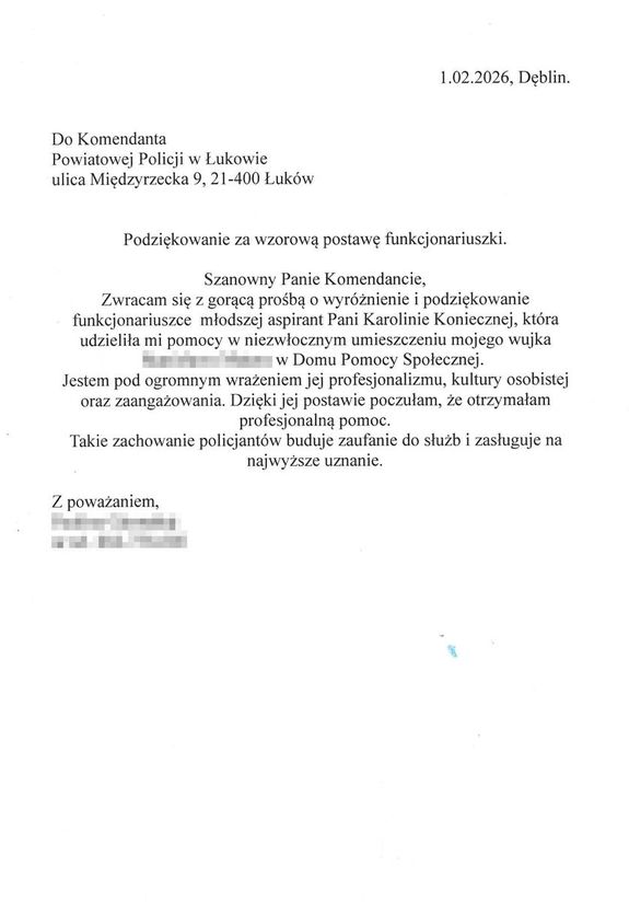 list z podziękowaniami dla mł. Karoliny Koniecznej