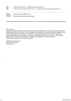 korespondencja e-mail z podziękowaniami dla dzielnicowych