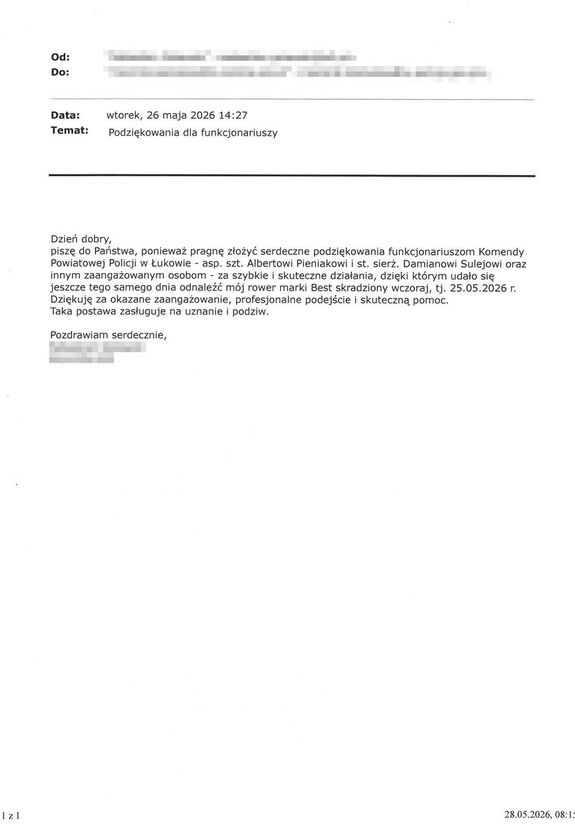 korespondencja e-mail z podziękowaniami dla dzielnicowych