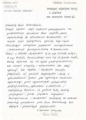 odręczny list do Komendanta Wojewódzkiego policji z podziękowaniami dla policjantów